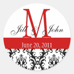 Sticker Rond Noms du monogramme Date Mariage damassé Rouge Blan