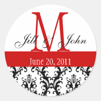 Sticker Rond Noms du monogramme Date Mariage damassé Rouge Blan