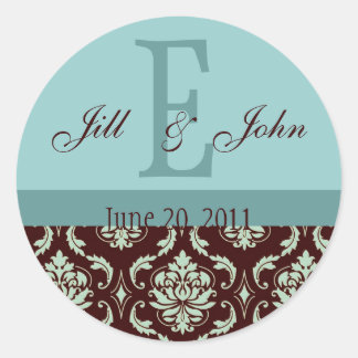 Sticker Rond Noms du monogramme mariage Date Damas Brown Bleu