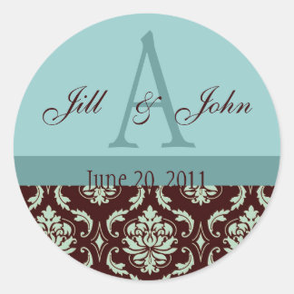 Sticker Rond Noms du monogramme mariage Date Damas Brown Bleu