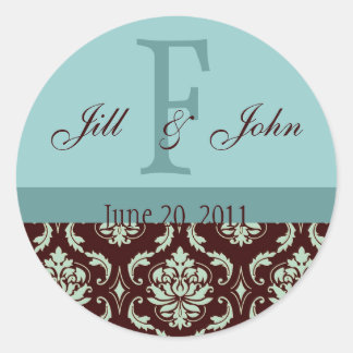 Sticker Rond Noms du monogramme mariage Date Damas Brown Bleu
