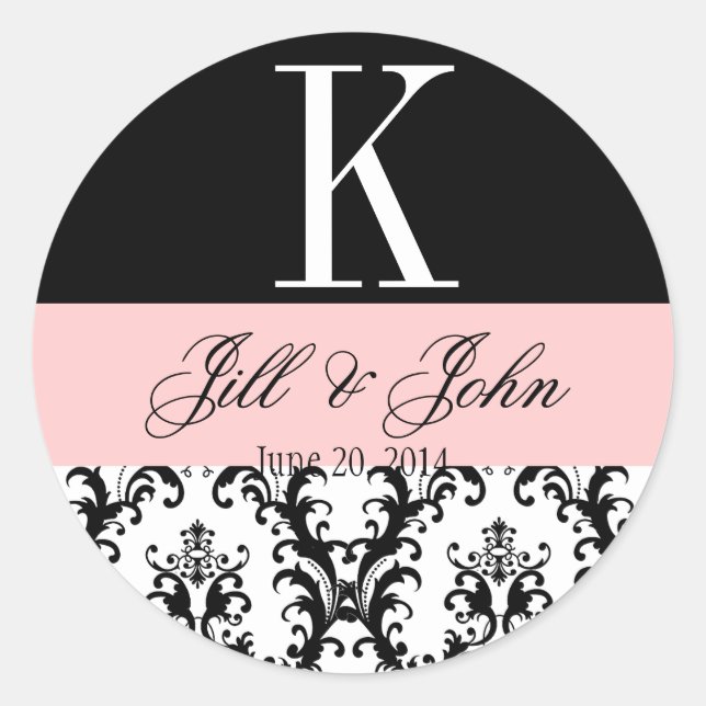 Sticker Rond Noms du monogramme mariage Date Damask Black & Pin (Devant)