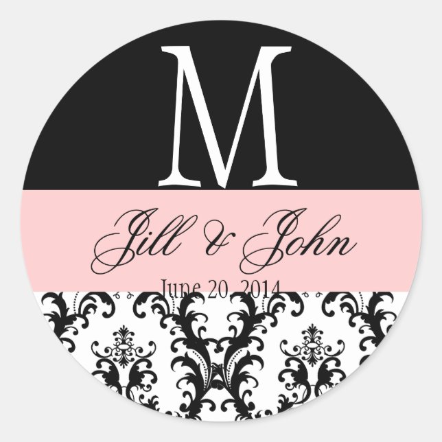 Sticker Rond Noms du monogramme mariage Date Damask Black Pink (Devant)