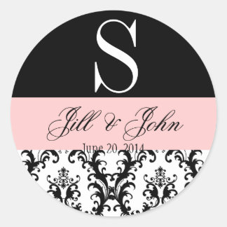 Sticker Rond Noms du monogramme mariage Date Damask Black Pink
