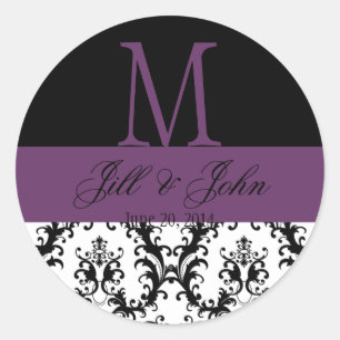 Sticker Rond Noms du monogramme mariage Date Damask Black Purpl