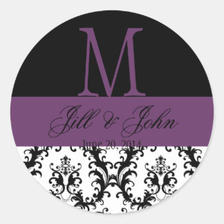 Sticker Rond Noms du monogramme mariage Date Damask Black Purpl