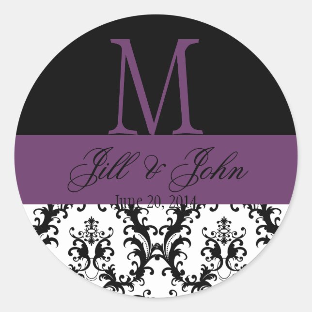 Sticker Rond Noms du monogramme mariage Date Damask Black Purpl (Devant)