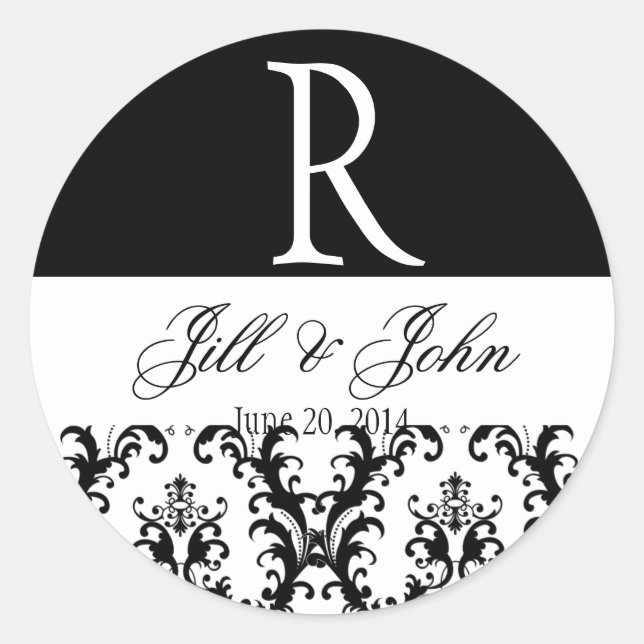 Sticker Rond Noms du monogramme mariage Date Damask Black White (Devant)