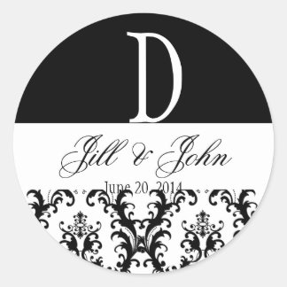 Sticker Rond Noms du monogramme mariage Date Damask Black White