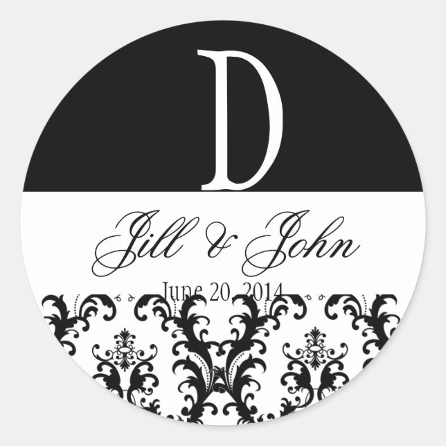 Sticker Rond Noms du monogramme mariage Date Damask Black White (Devant)