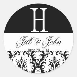 Sticker Rond Noms du monogramme mariage Date Damask Black White