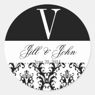 Sticker Rond Noms du monogramme mariage Date Damask Black White
