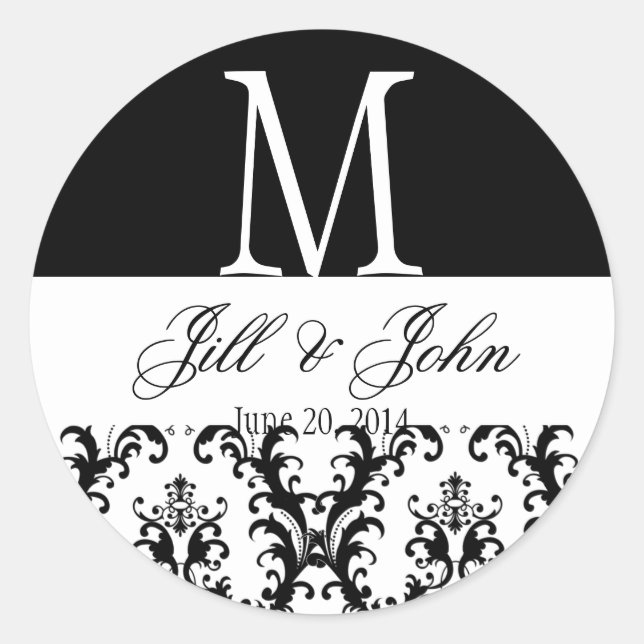 Sticker Rond Noms du monogramme mariage Date Damask Black White (Devant)