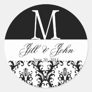 Sticker Rond Noms du monogramme mariage Date Damask Black White