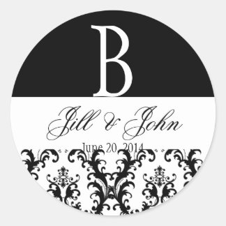 Sticker Rond Noms du monogramme mariage Date Damask Black White
