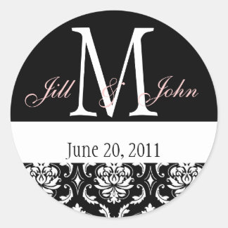 Sticker Rond Noms du monogramme mariage Date Damask Black White