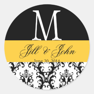 Sticker Rond Noms du monogramme mariage Date Damask Black Yello