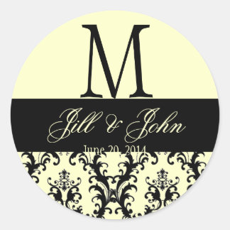 Sticker Rond Noms du monogramme mariage Date Damask Ivory Seal