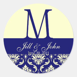 Sticker Rond Noms du monogramme mariage Date Damask Navy Creme