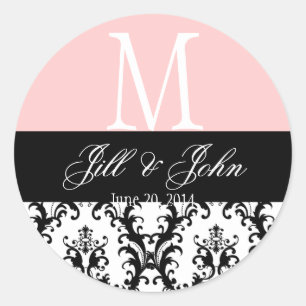 Sticker Rond Noms du monogramme mariage Date Damask Pink Seal