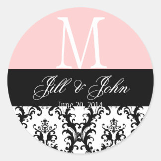 Sticker Rond Noms du monogramme mariage Date Damask Pink Seal