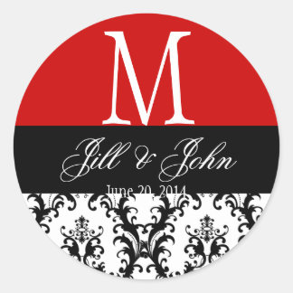 Sticker Rond Noms du monogramme mariage Date Damask Red Seal