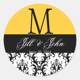 Sticker Rond Noms du monogramme mariage Date Damask Yellow Seal