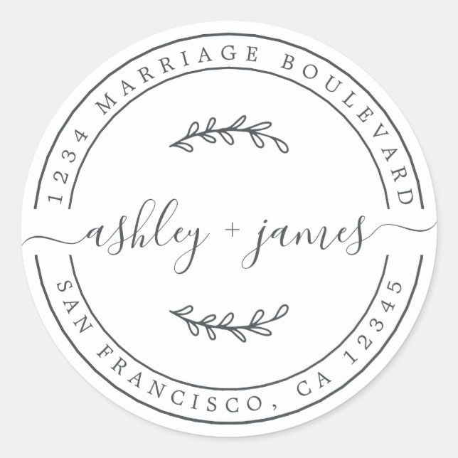 Sticker Rond Noms élégants Black White Mariage Adresse de retou (Devant)