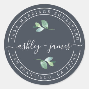 Sticker Rond Noms élégants Foliage Blue Mariage Adresse de reto