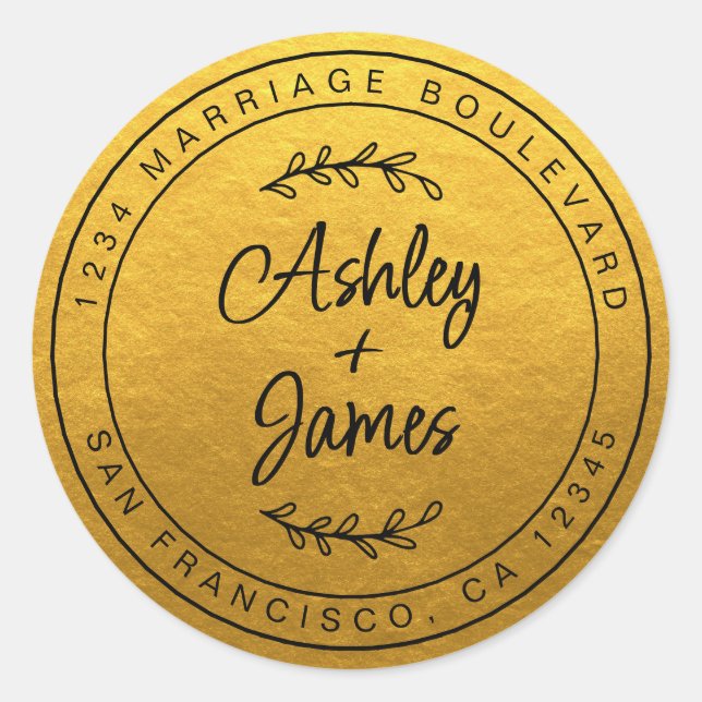 Sticker Rond Noms élégants Gold Mariage Adresse de retour (Devant)