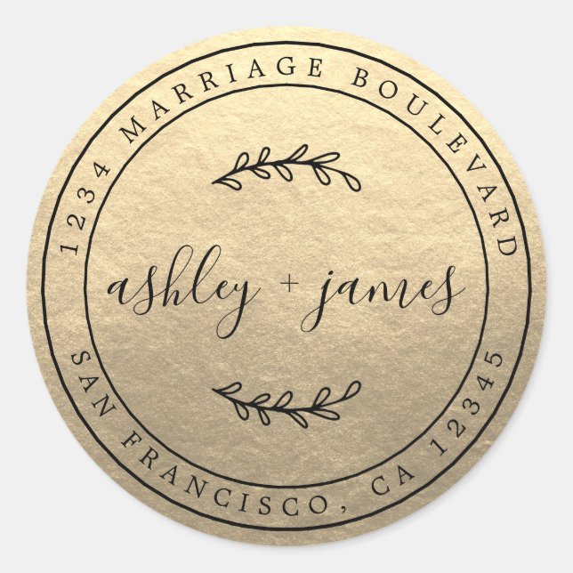 Sticker Rond Noms élégants Gold Mariage Adresse de retour (Devant)