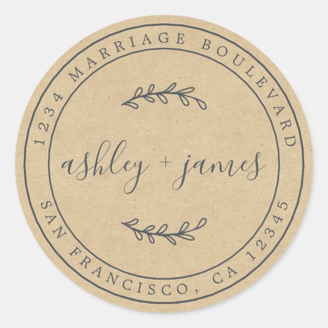 Sticker Rond Noms élégants Kraft Papier Mariage Adresse de reto (Devant)