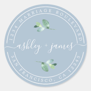 Sticker Rond Noms élégants Mariage bleu Adresse de retour