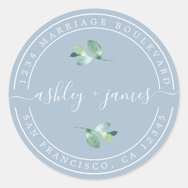 Sticker Rond Noms élégants Mariage bleu Adresse de retour (Devant)