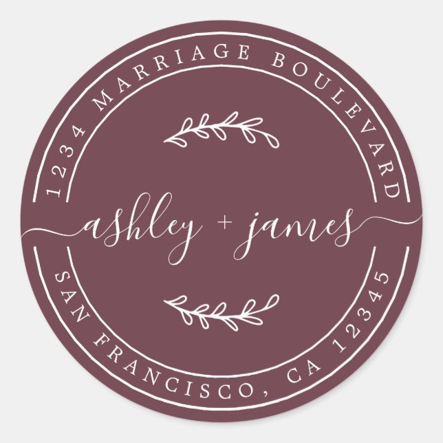 Sticker Rond Noms élégants Mariage Bourgogne Adresse de retour (Devant)