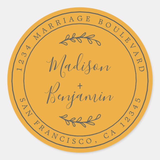 Sticker Rond Noms élégants Mellow Yellow Mariage Adresse de ret (Devant)