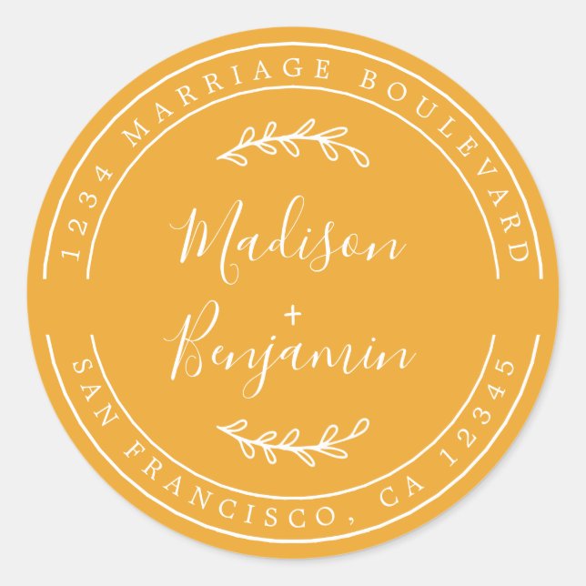 Sticker Rond Noms élégants Mellow Yellow Mariage Adresse de ret (Devant)