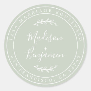 Sticker Rond Noms élégants Pastel Green Mariage Adresse de reto