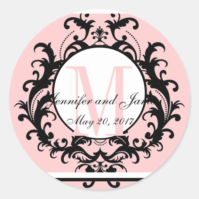Sticker Rond Noms initiaux du Mariage rose vif Date (Devant)