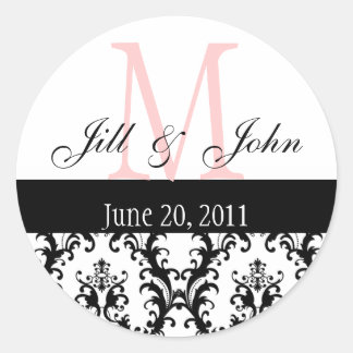 Sticker Rond Noms Monogrammes Date Mariage damassé Rose Noir