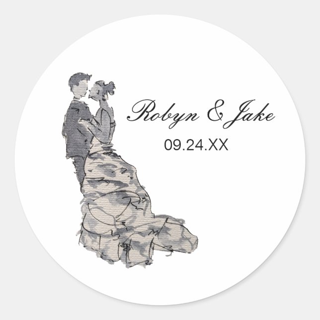 Sticker Rond Noms personnalisés de mariée et de chambre Élégant (Devant)