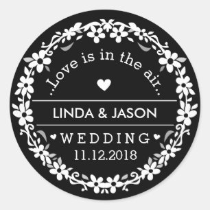 Sticker Rond Noms personnalisés du Mariage noir et blanc Date d