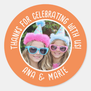 Sticker Rond Noms photo personnalisés Double Merci anniversaire