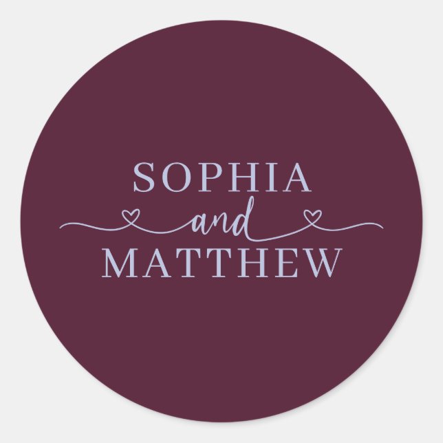 Sticker Rond Noms Script Cœur Mariage Bourgogne Pervenche (Devant)
