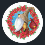 Sticker Rond Nordic Christmas Gnome<br><div class="desc">sticker de Noël avec un joli gnome dans une couronne de fleurs poinsettia. Oeuvre de : AMBillustrations©</div>