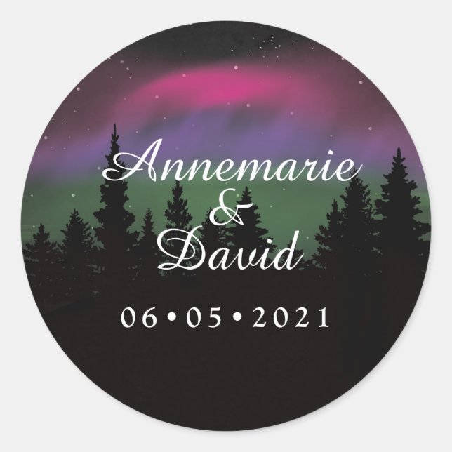 Sticker Rond Northern Lights Mountaintop Stars Mariage Faveur (Devant)
