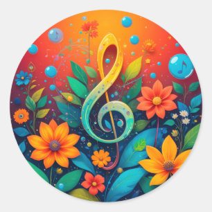 Sticker Rond Note Musicale Artistique Entourée De Fleurs Coloré