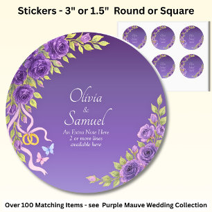Sticker Rond Note + Noms des Mariés Fleurs Mauve Violet