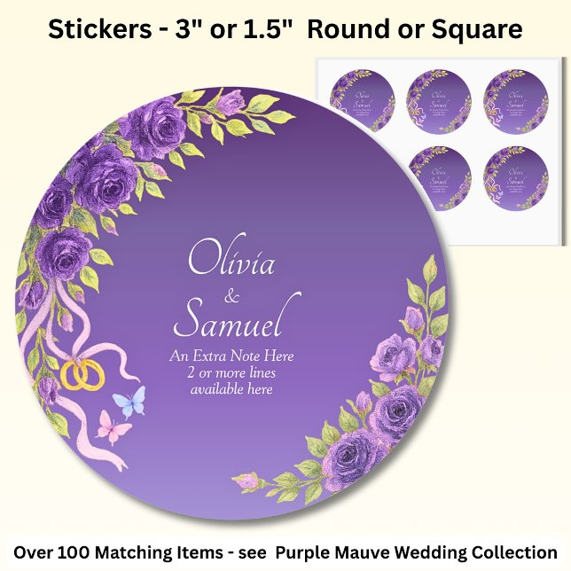 Sticker Rond Note + Noms des Mariés Fleurs Mauve Violet (Créateur téléchargé)