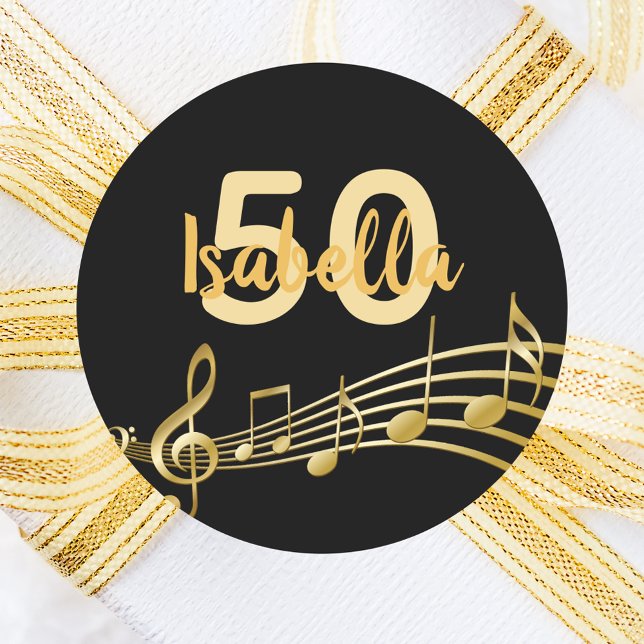 Sticker Rond Notes de musique dorée à 50e anniversaire sur élég (Créateur téléchargé)